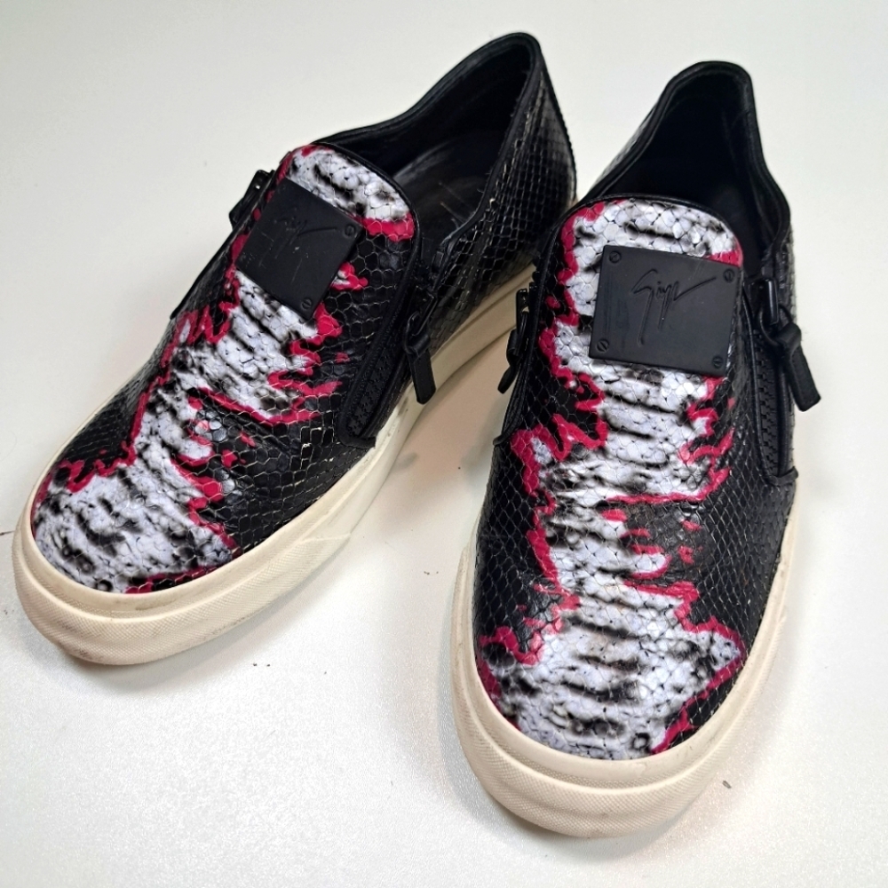 Giuseppe Zanotti Snakeskin Embossed Leather Zip Slip On Sneakers Pink Black 38.5